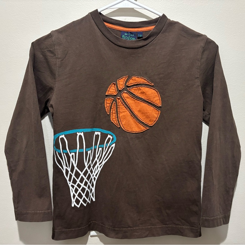 Mini Boden Appliqué 🏀 Basketball 🏀 and Hoop Long-Sleeve Shirt, 7-8 Years